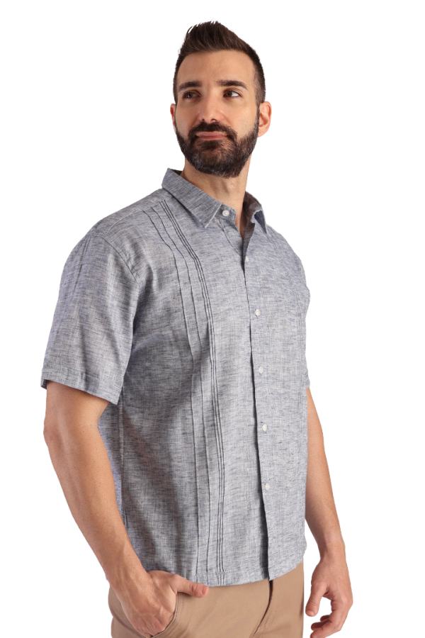 Camisa Tipo Guayabera Azul Marino Manga Corta Look Lino Para Caballero